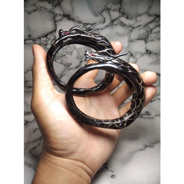 gelang akar bahar hitam ukir naga cabang jumbo