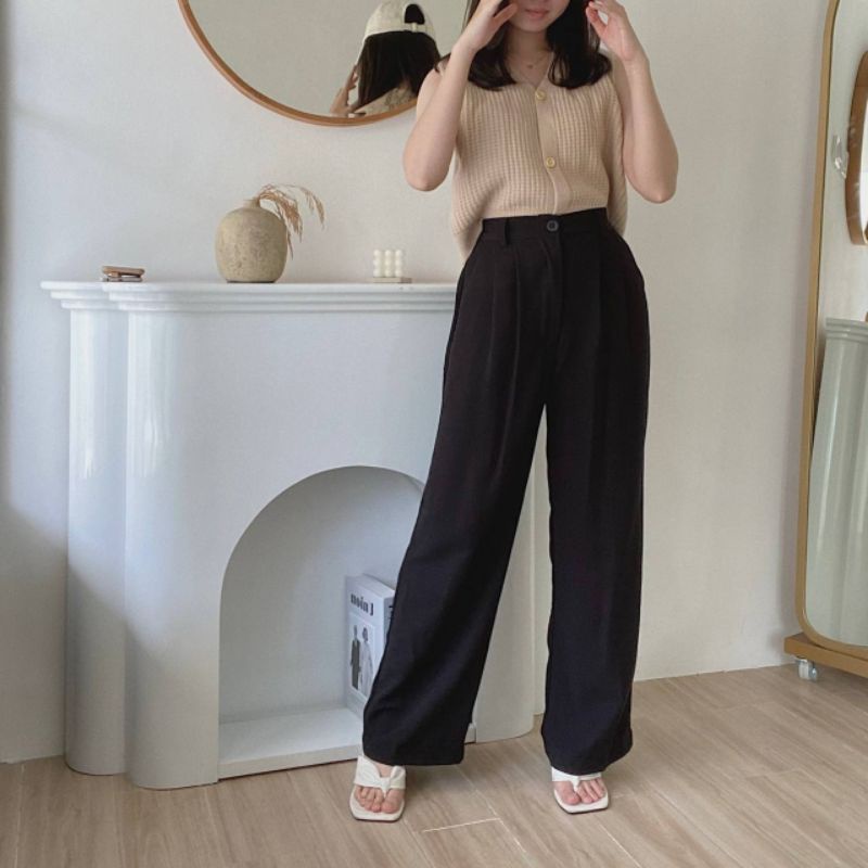 Loose Pants Trousers (VERSI KAIN TEBAL) Wanita Anti Kusut - Celana Kulot Highwaist Wanita Bahan Jatu