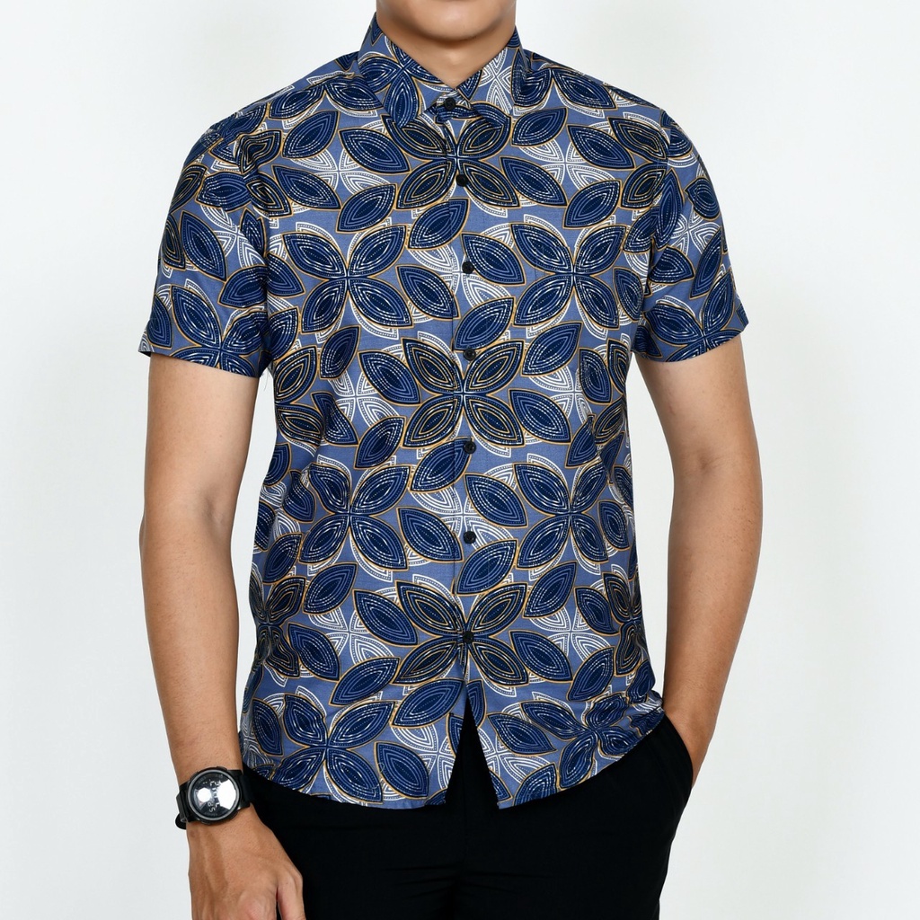 New Premium Baju Kemeja Batik Pria Slimfit Lengan Pendek 1860 Biru