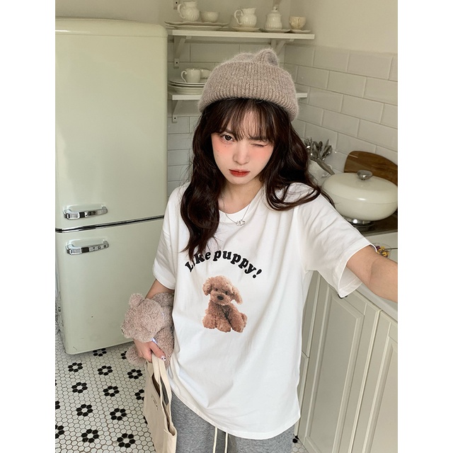 EUNII T-shirt Lengan Pendek Kartun Mewah Anjing Pencetakan Longgar Korean Style/Kaos Atasan Wanita/Baju Kaus Oversize Wanita