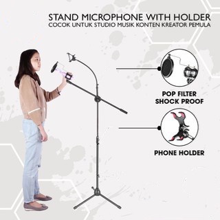 STAND MICROPHONE WITH HOLDER COCOK UNTUK STUDIO MUSIK KONTEN PEMULA TRIPOD MICROPHONE STAND MIC PANJ