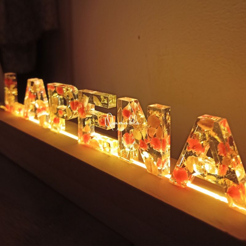 Lampu Tidur Resin Art Custom Nama Bunga Kering Estetik