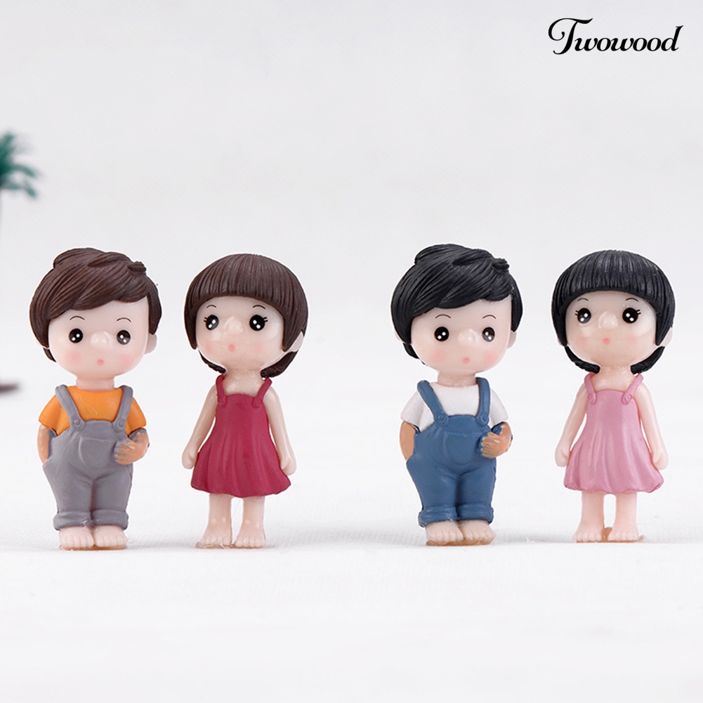 Twowood 2Pcs / Set Miniatur Pasangan Anak Laki-Laki / Perempuan Bahan Resin Untuk Aksesoris Lansekap DIY