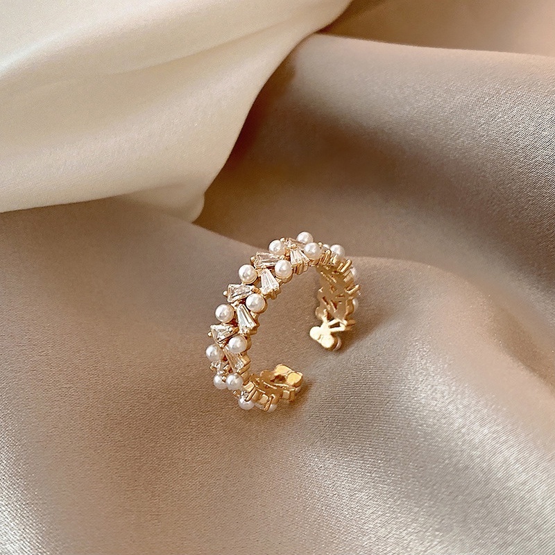 Cincin Zircon Mutiara Double layer Adjustable Untuk Wanita