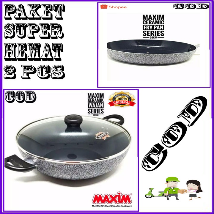 MAXIM CERAMIC WOK 30 CM TUTUP KACA ORI + 26CM FRIPAN BERGARANSI RESMI