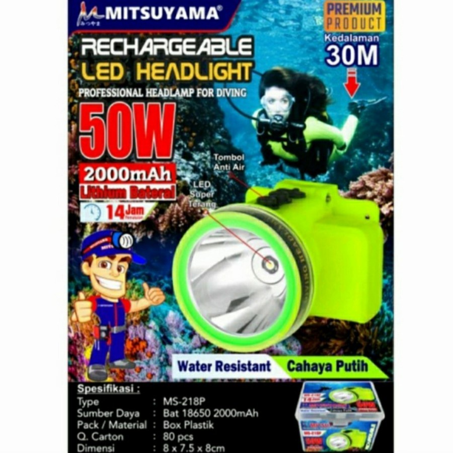 COD Senter Kepala 50 Watt Selam Diving Cahaya Putih 50W Mitsuyama MS-218P Headlamp