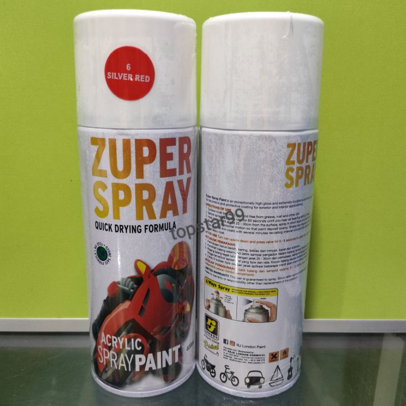 ZUPER Spray Paint Pilox Pilok Zuper Silver Red 6 Merah Ferari Glossy 400cc Cat Semprot Zuper Acrylic Ukuran Besar 400 cc