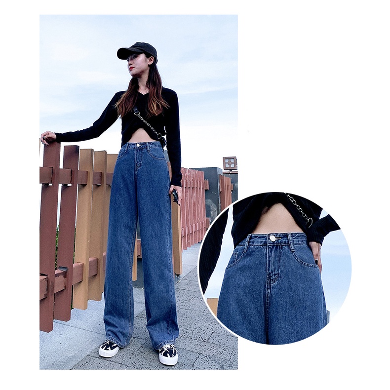 Biru laut Import Highwaist Loose Lebarkaki Celana Jeans Panjang Wanita