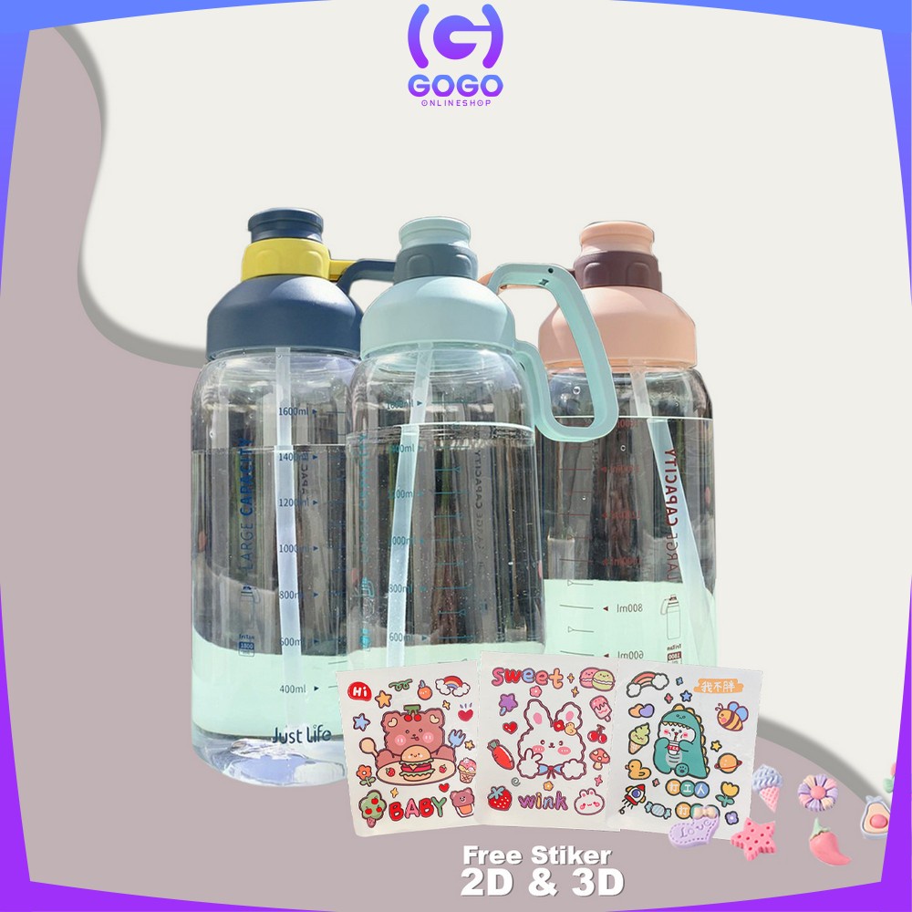 GOGO-C304 C305 Botol Minum Motivasi 2 Liter Food Grade / Botol Air Minum Jumbo 2000ml BPA FREE / Botol Minum Sedotan Dewasa