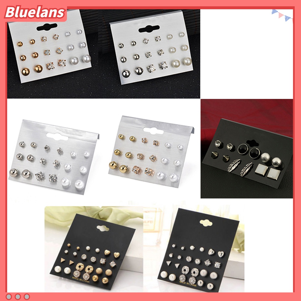 6 / 9 / 12 Pasang Anting Stud Mutiara Berlian Imitasi Untuk Wanita