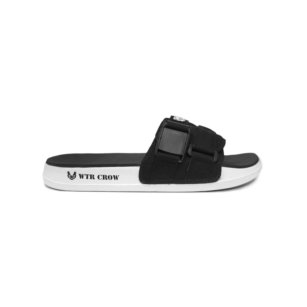 Sandal Slide Pria Slip On Simple Ringan Hitam Putih WTR Crow Araby Black White
