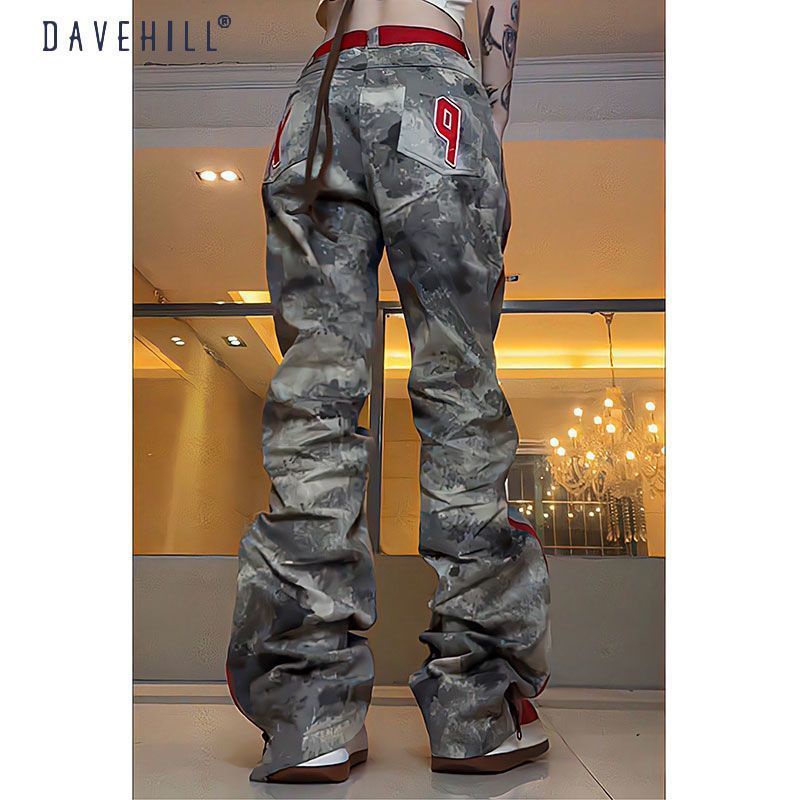 Celana jeans kamuflase retro getaran Amerika wanita high street hiphop overall kaki lebar lurus long