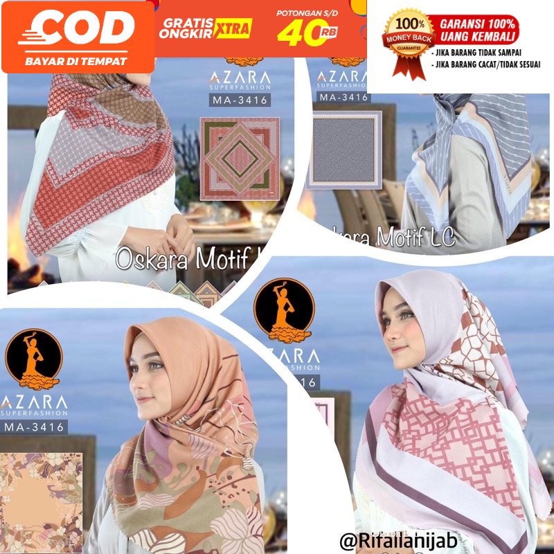 HIJAB SEGIEMPAT MOTIF POLYCOTTON LASERCUT AZARA SENORITA / Voal Oskara Motif Lc COD ready Makassar M