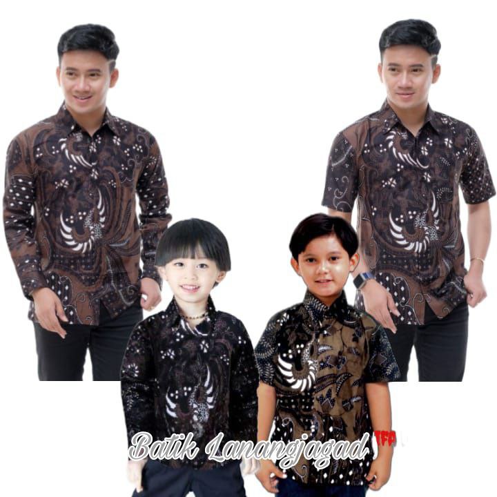 Batik Pria Couple Batik Ayah dan Anak Laki Laki Kemeja Batik Anak Cowok Motif Lemahteles Warna Hitam