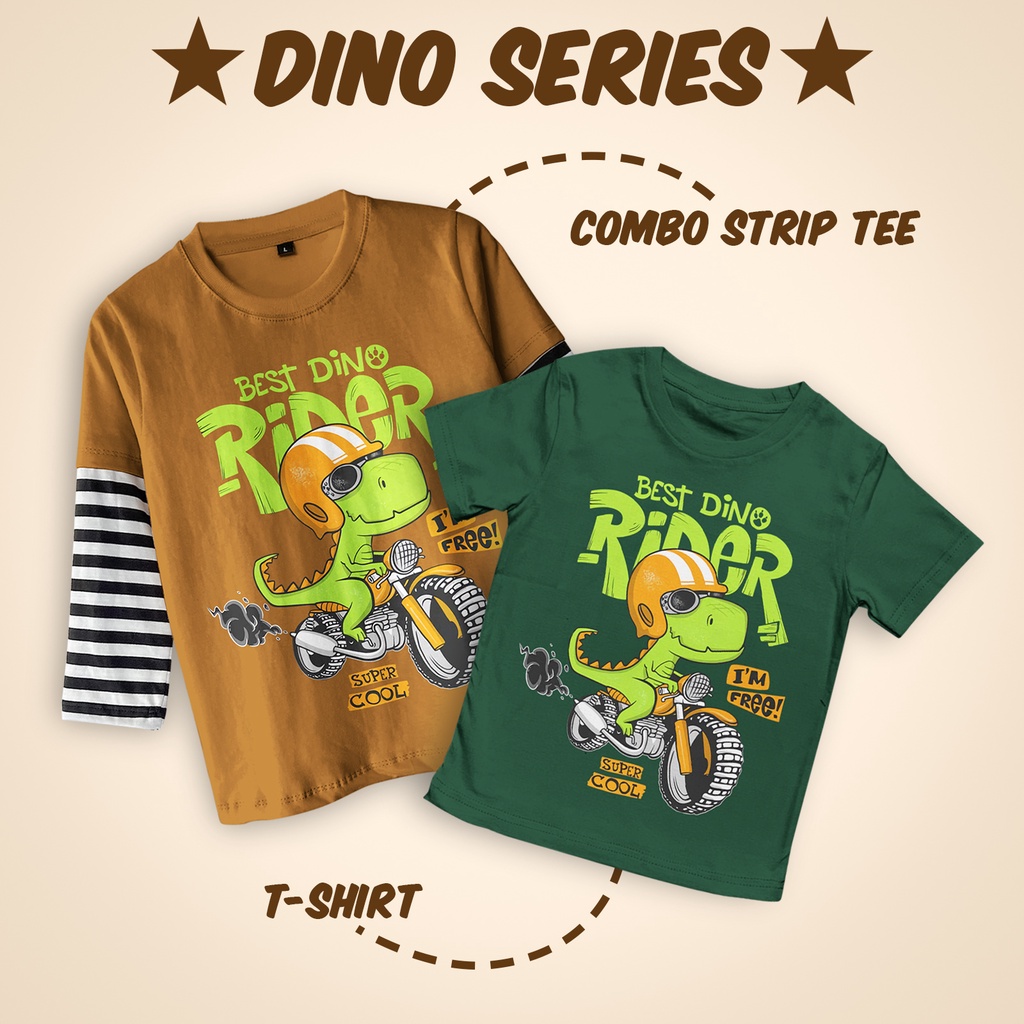 Kaos Anak Terbaru Lengan Sambung Strip Tshirt Anak Unisex Motif Best Dino Rider