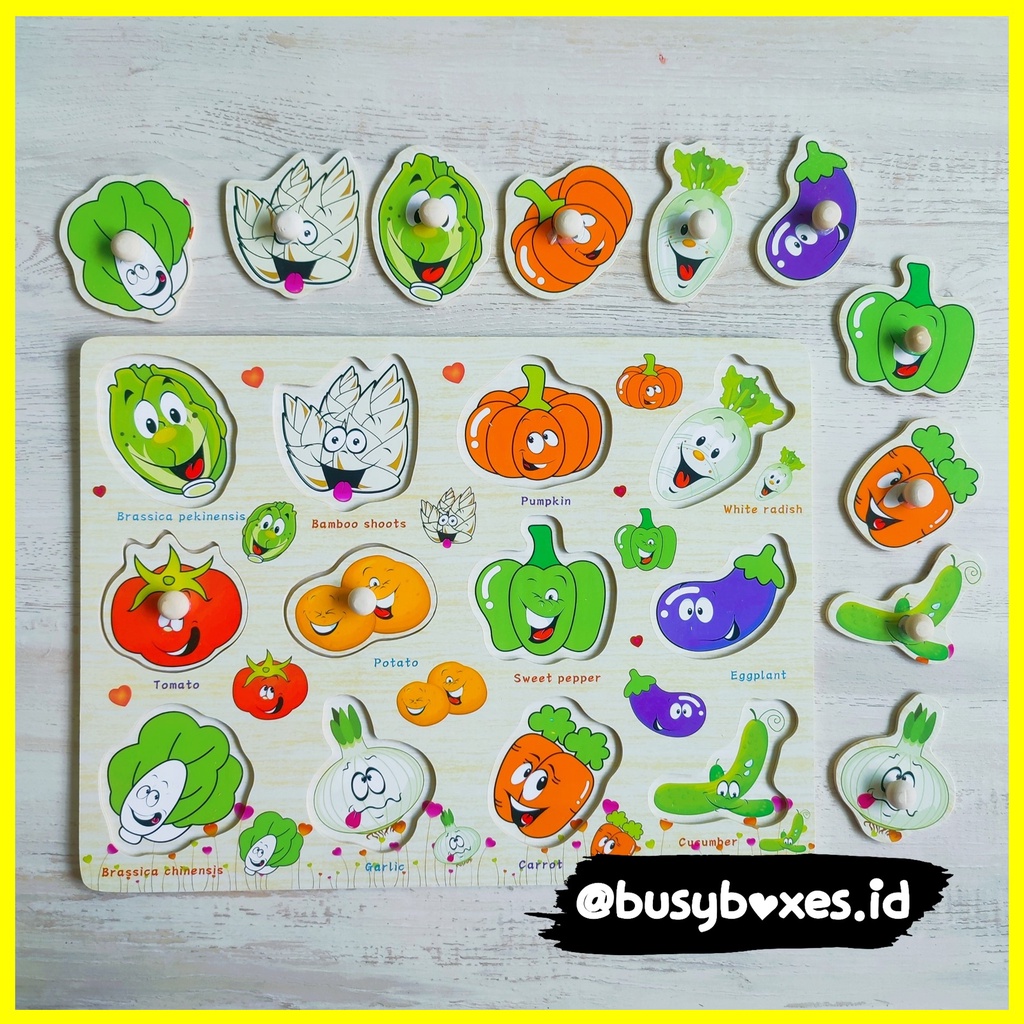 Busyboxes.id Mainan anak edukasi anak 1 2 3 tahun laki laki perempuan mainan edukasi Montessori puzzle jigsaw 3d kayu sayuran sayur mayur buah - bombay