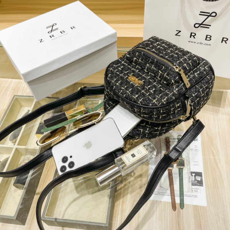 ZRBR - Tas Ransel Wanita Import Backpack Mini Cewek Stylish Korea - Tweed Trapez Backpack #9037-8