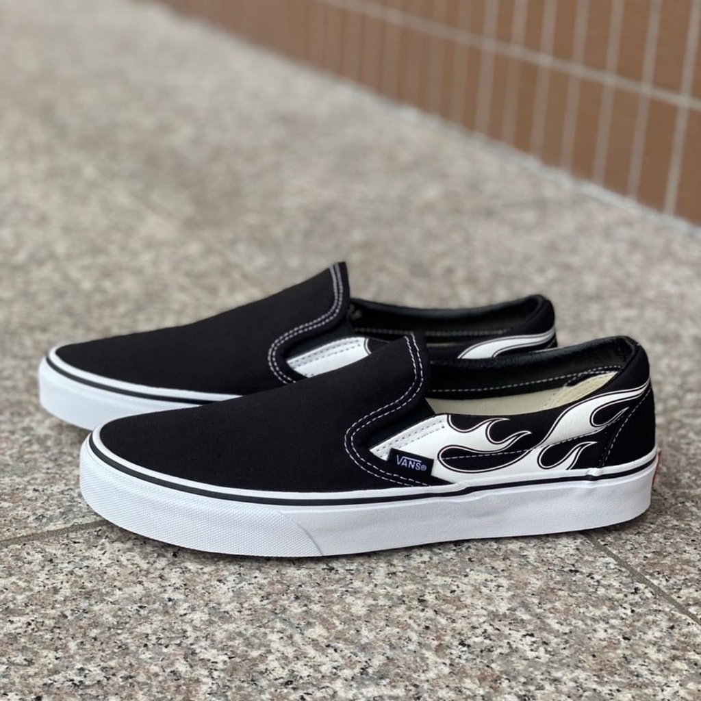 VANS SLIP-ON WHITE FLAME BLACK WHITE ORIGINAL 100%