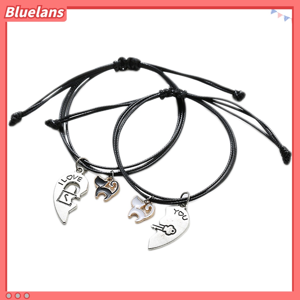 2pcs Gelang Tali Kepang Adjustable Bentuk Kucing Hati Untuk Pasangan