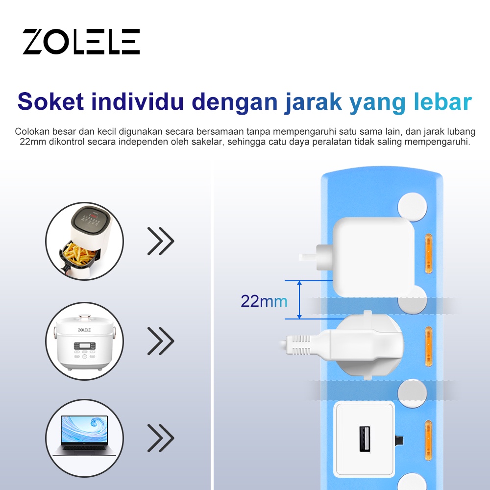 ZOLELE Stop Kontak Kabel 5 Power Socket 2 USB Charger Lubang Colokan Listrik Smart Power Strip 3M Soket Pengaman Lubang Saklar Timer Powerstrip ZK100