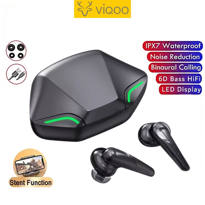 【COD】Viqoo TWS Headset Bluetooth Headset Gaming Earphone Nirkabel Bank Daya Stereo Bass Penuh-GS01