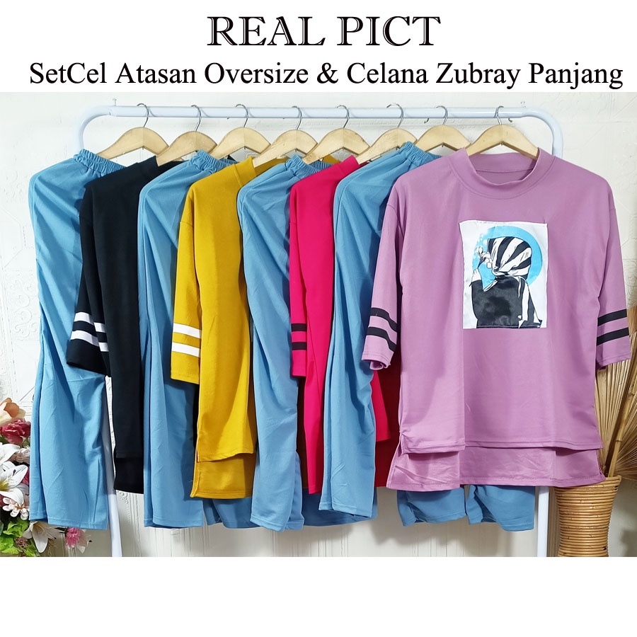 CARLINA SETELAN BASIC WANITA HIJAB ATASAN OVERSIZE DAN CELANA BIRU PANJANG ZUBRAY