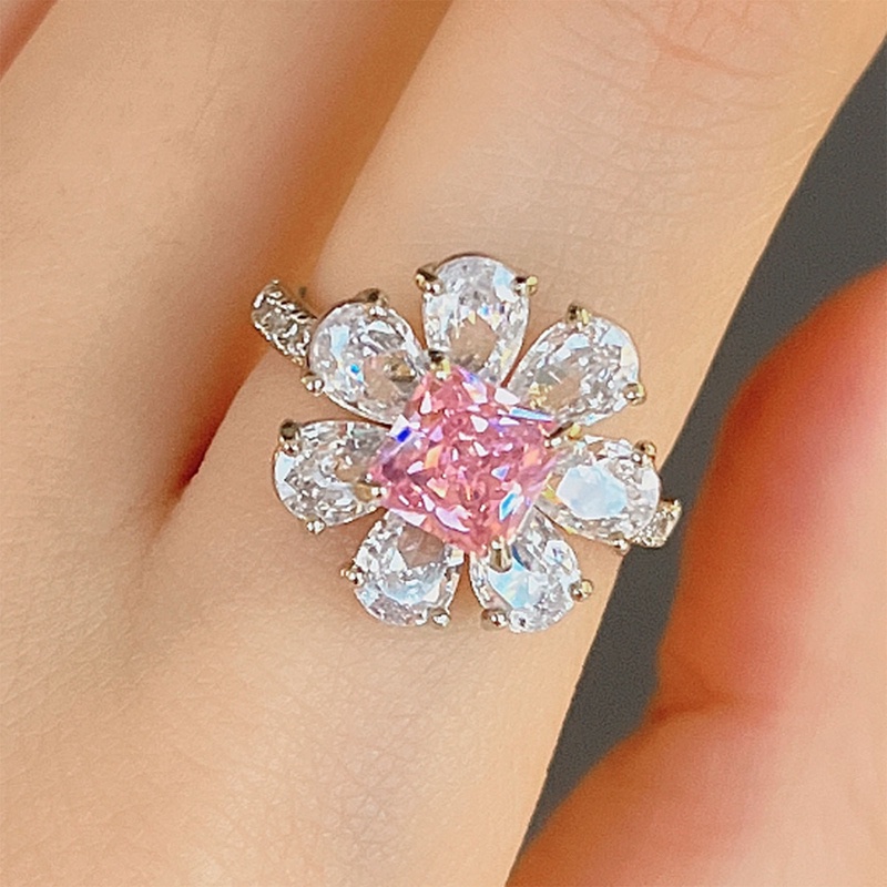 Fancyqube Cincin Silver Hias Berlian Zirkon Bentuk Kotak Warna Pink Untuk Wanita