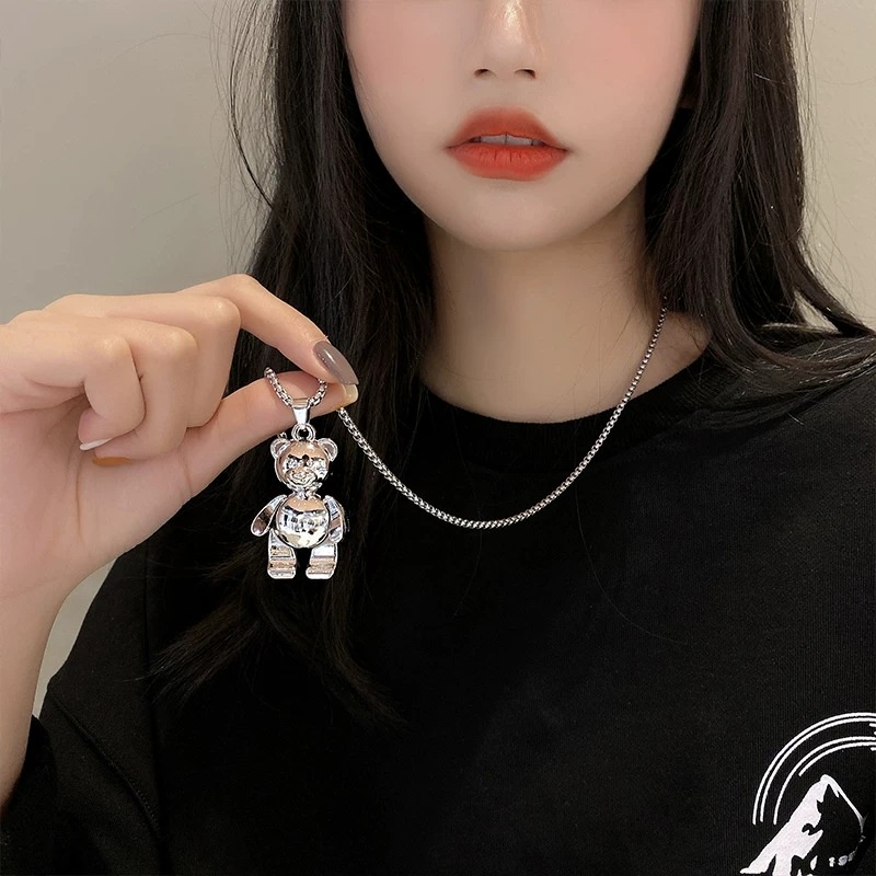 Kalung Liontin Robot Beruang Bahan Stainless Steel Warna Silver Glossy Gaya Hip Hop Untuk Pria Dan Wanita