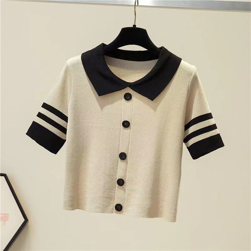 2022 Baru Fragrant Kecil Baru Kolar POLO Perancis Retro Stripe Ice Silk Pullover T-Shirt Tidur pendek