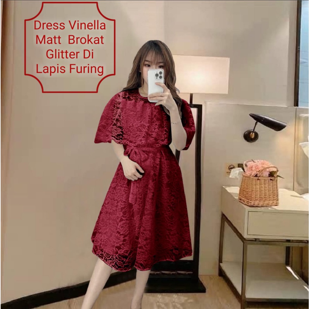 Dress Wanita Midi Kekinian Terbaru Kondangan/Pesta Matt Brokat Glitter Murah Berkualitas/Dress Vinella Size L-XL/Dress Natal Wanita Remaja Terbaru