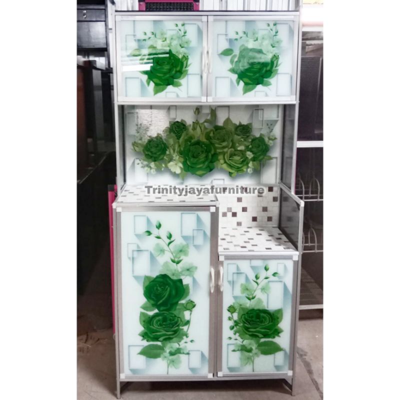 Lemari Piring Rak Piring 2Pinfu Full Karakter Almunium Kaca