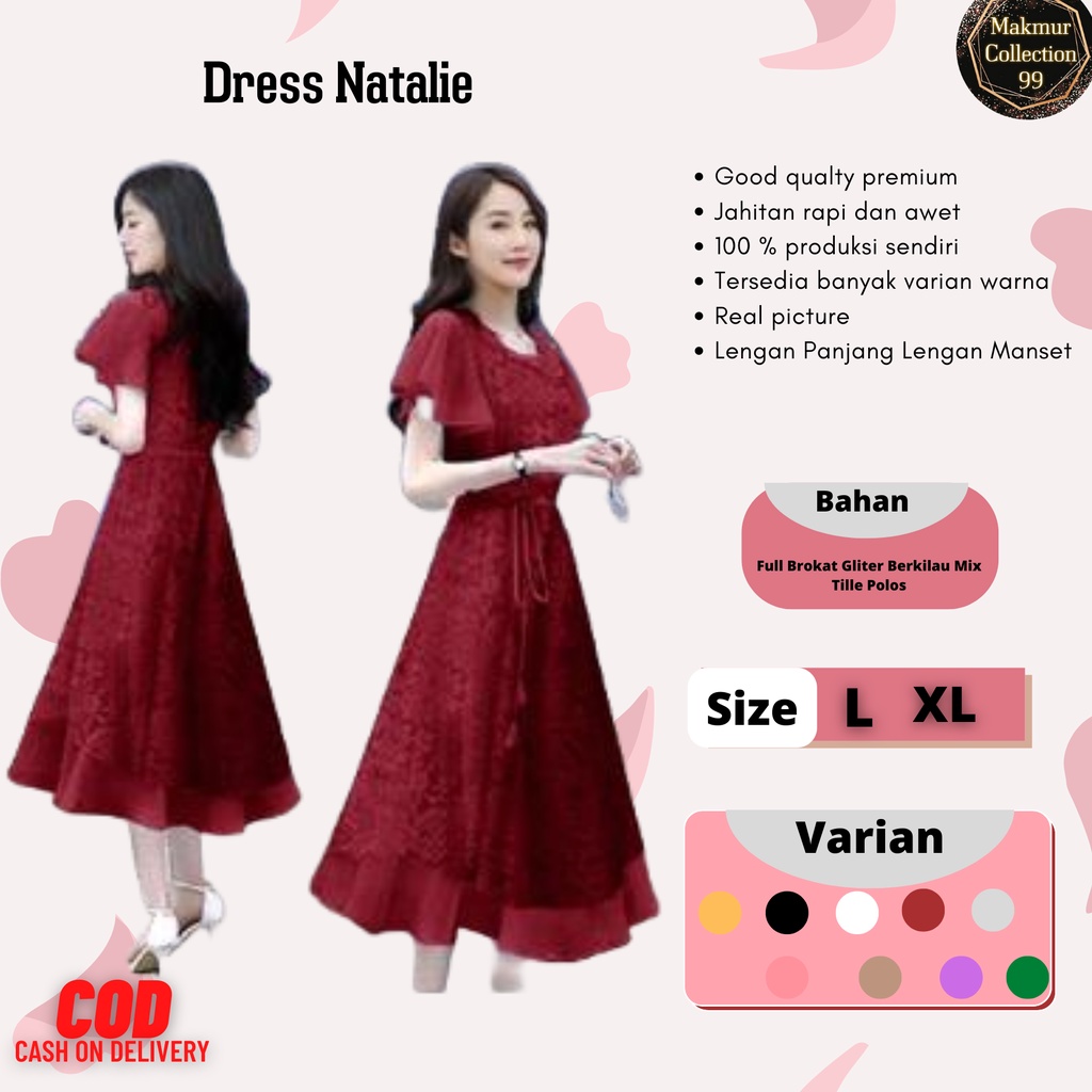 Dress Wanita Midi Model Terbaru Kondangan/Formal Matt Brokat/Dress Natalie Size L-XL-XXL/Dress Pesta Dan Acara Natalan Wanita Kekinian Viral