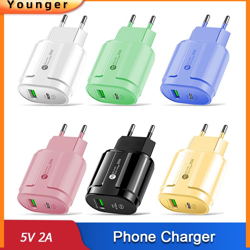 Adapter Charger Dinding Dual Port USB Tipe c 20W 5V2A Fast Charging Untuk Iphone 14 13 Pro i-Pad Adoptor