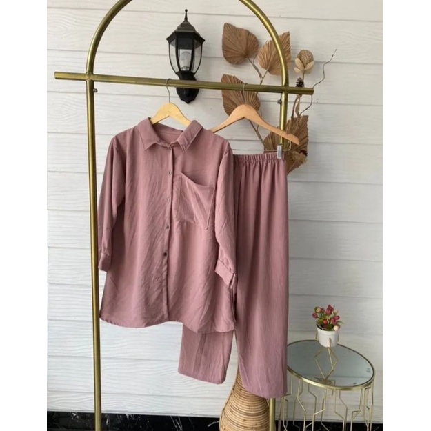 Setcel Setelan Crinkle Premium Viral Terbaru Oversize One Set Wanita Kekinian Blouse Jumbo