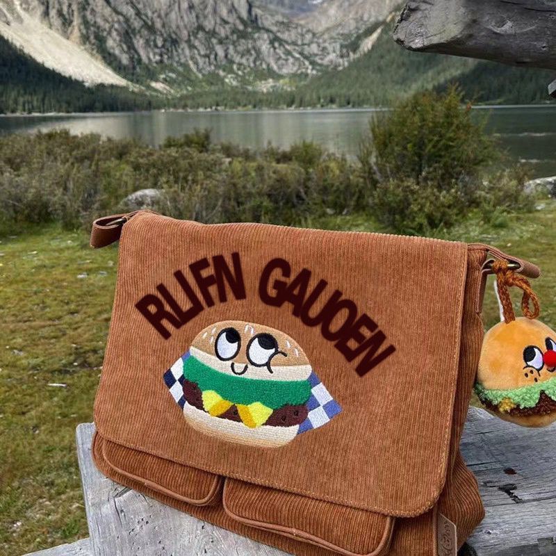 ✐۞RlienGauden Alien Garden Asli Lucu Retro Burger Messenger Corduroy Heavy Industry Canvas Bag