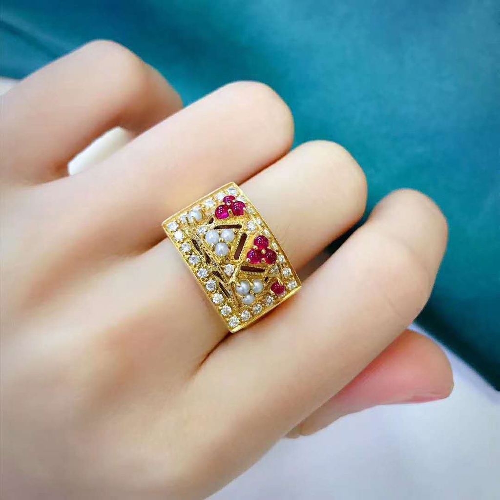 Goldkingdom Perhiasan Fashion 24K Bangkok Aksesoris Ready Stock Cincin Zirkon Hias Berlian Ganda Berlebihan Garnet Mutiara Berlapis 18-karat Cincin Emas Asli Kadar 375 Untuk Wanita