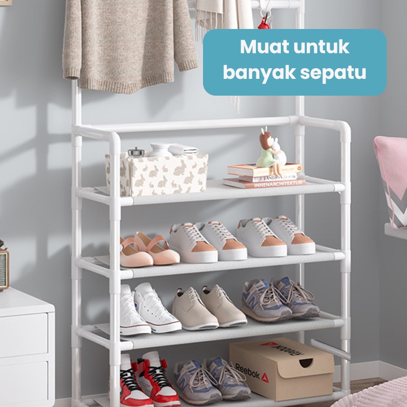 KAGK Rak Sepatu 4 Susun Stand Hanger /Gantungan Baju Rak Serbaguna 4 Tingkat /Tempat Penyimpanan Gantung Pakaian Tas Topi Rak