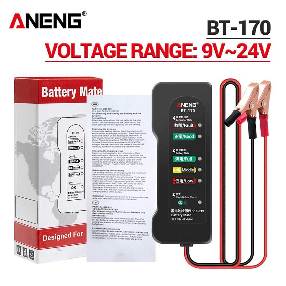 MultiInformasi Produk ANENG Tester Accu Car Battery Detector 12V Analyzer Fault - BT-170 Baterai Detektor ini digunakan untuk mendeteksi dan menganalisa accu atau baterai mobil, motor hingga truk Anda yang memiliki voltase mulai dari 9 V hingga 24 V. Alat