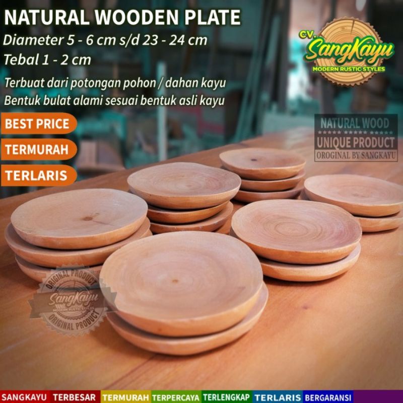 Piring kayu piring saji nampan bulat wooden plate mangkok sambal kayu