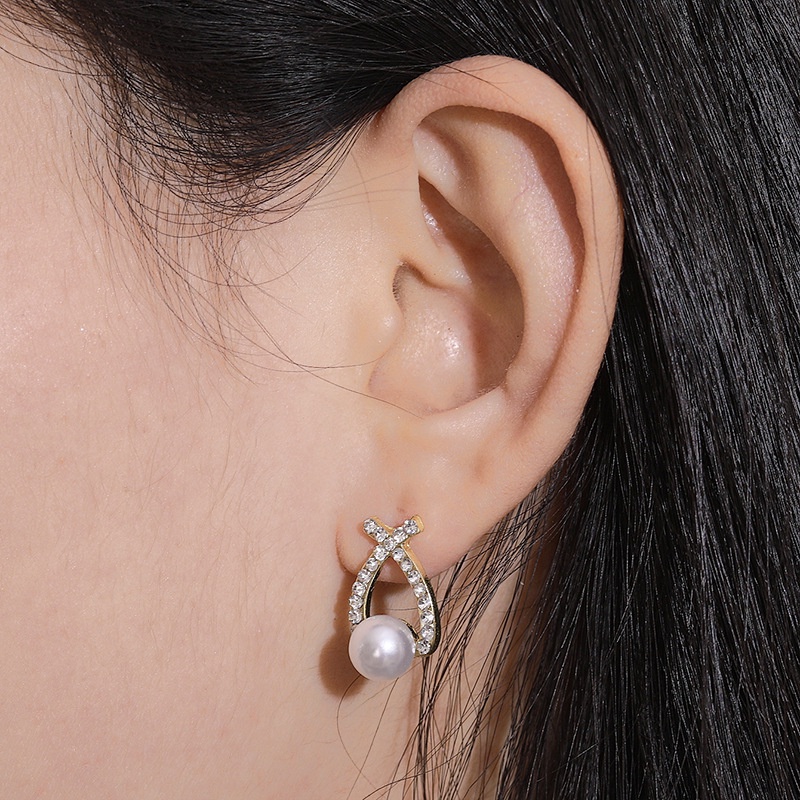 OILA anting mutiara diamond silang cross pearl diamonds earrings jan096 (1G3)