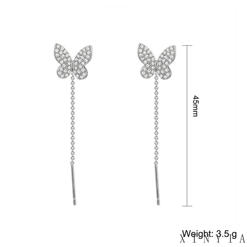 【Bayar di tempat】Mode kecenderungan Korea Selatan Butterfly Anting Rumbai Panjang Desain Kupu-Kupu Aksen Berlian Untuk Wanita