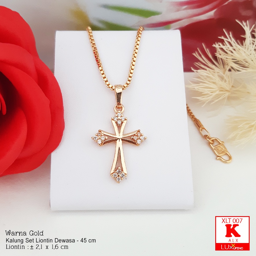 XLT 007  Kalung Set Liontin Salib Kristen Katolik Dengan Permata Sirkon Perhiasan Lapis Emas Imitasi 18K Aksesoris Rohani Salib Corpus Tubuh Yesus Rosario Kalung Xuping 45 cm Luxx Xuping