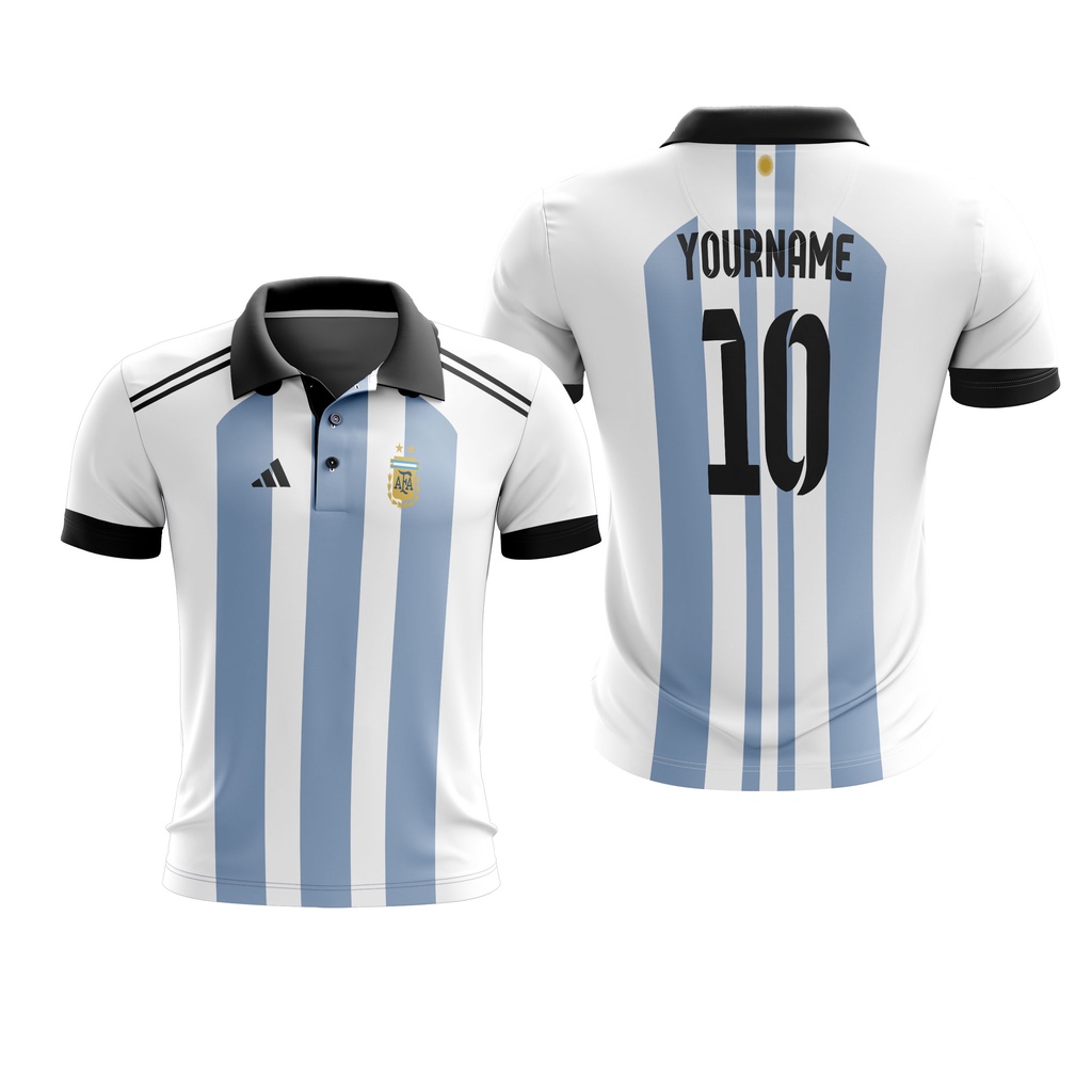 Baju Kaos Tshirt Jersey Argentina World Cup 2022 Polo Free Custom Name + Nomor Full Printing Dewasa 