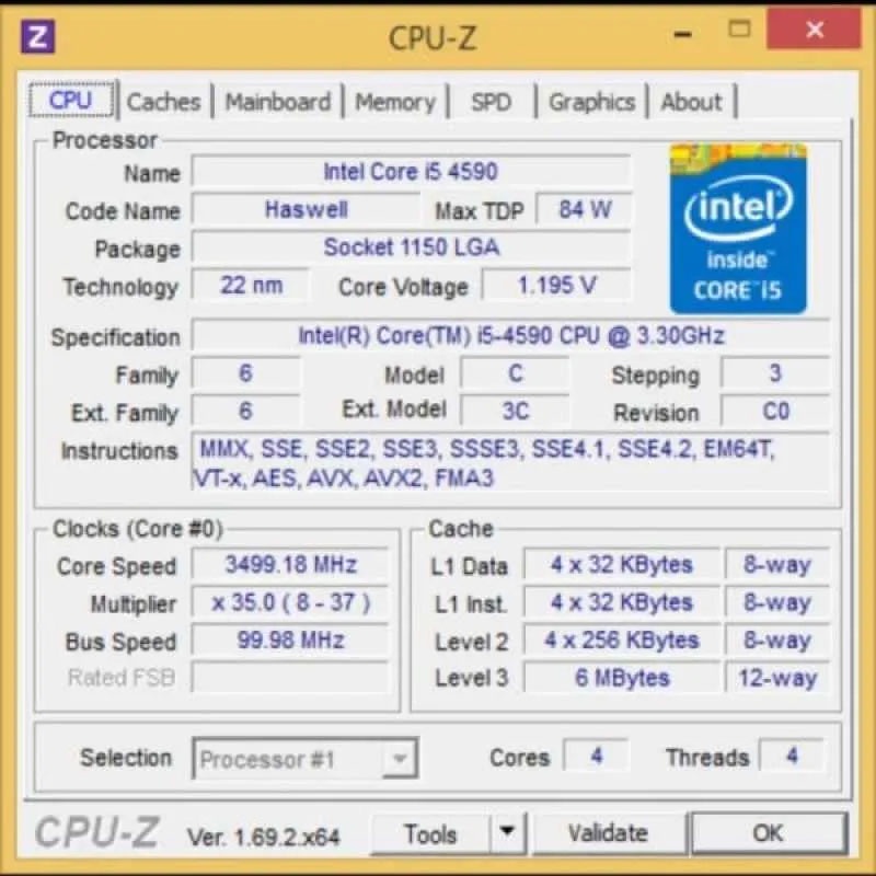 Processor Intel Core I5 4590 Tray Socket 1150