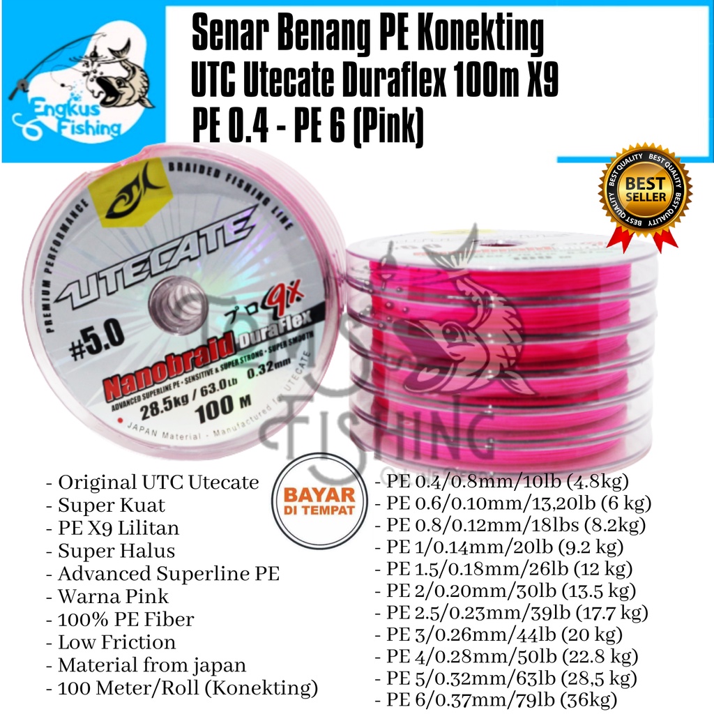 Senar Benang Pancing PE UTC Utecate Duraflex X9 Pink (PE 0.4 - PE 6) 100M/Roll Konekting - Engkus Fishing