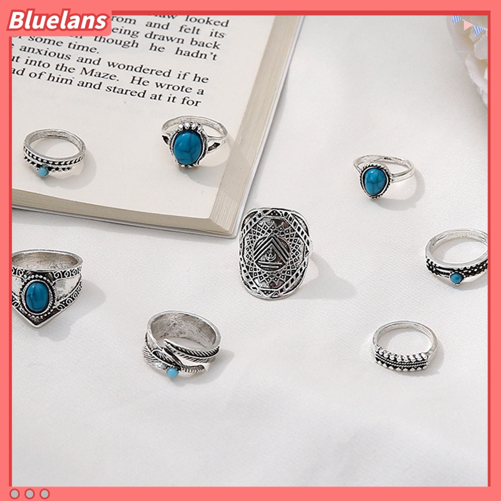 Bluelans 8Pcs Cincin Knuckle Desain Daun Hias Turquoise Imitasi Gaya Bohemian Untuk Pria / Wanita