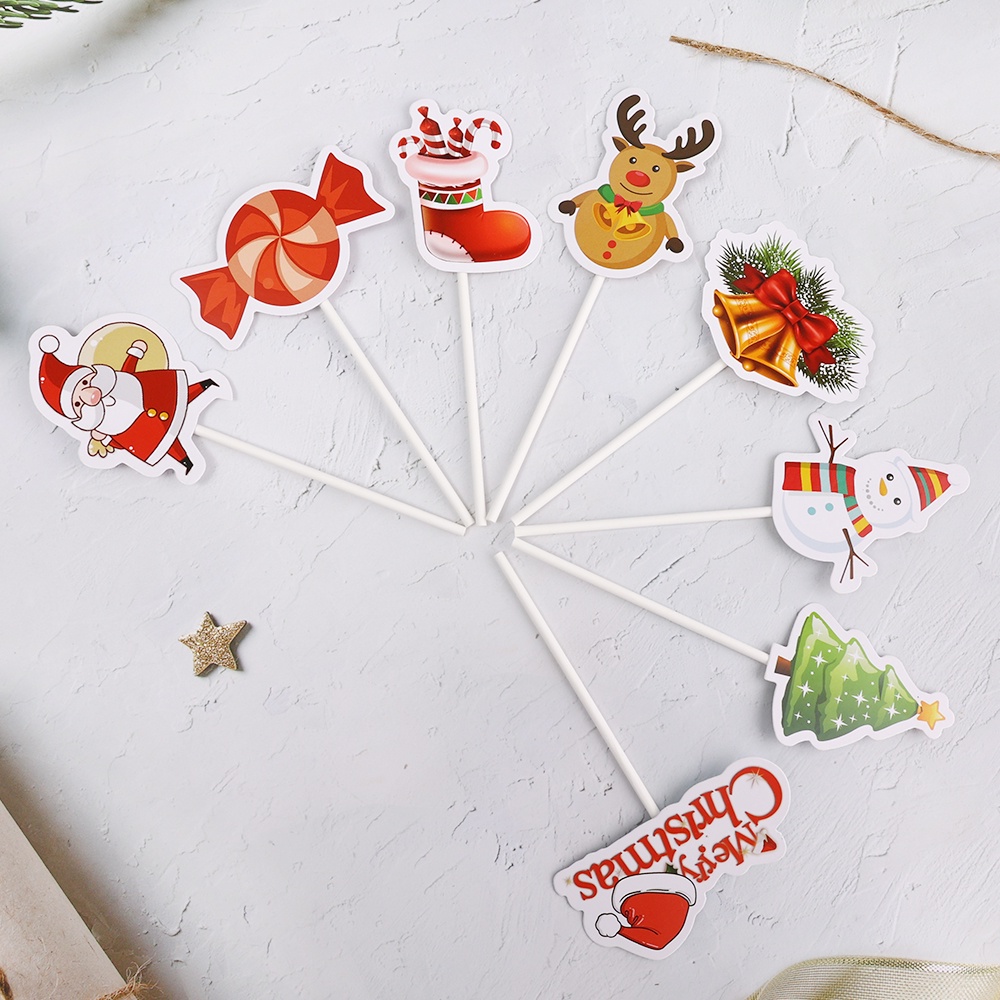 24pcs / Pak Topper Cupcake Desain Topi Santa Claus / Rusa / Kaos Kaki / Snowman / Pohon Natal / Permen Dapat Dilepas