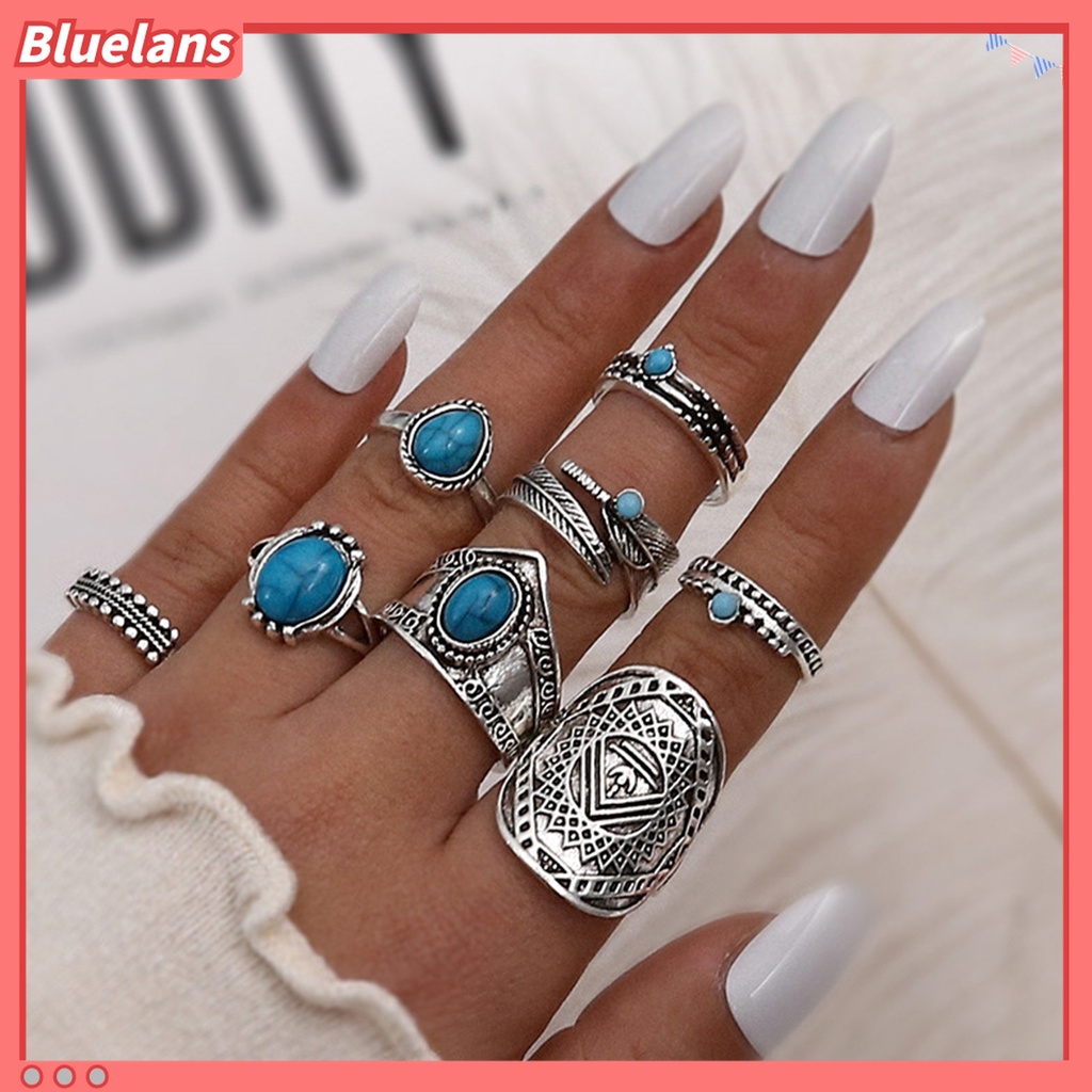 Bluelans 8Pcs Cincin Knuckle Desain Daun Hias Turquoise Imitasi Gaya Bohemian Untuk Pria / Wanita