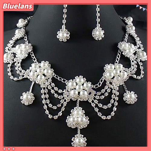 Bluelans Women Luxury Rhinestone Faux Pearl Necklace Earring Wedding Bridal Jewelry Set