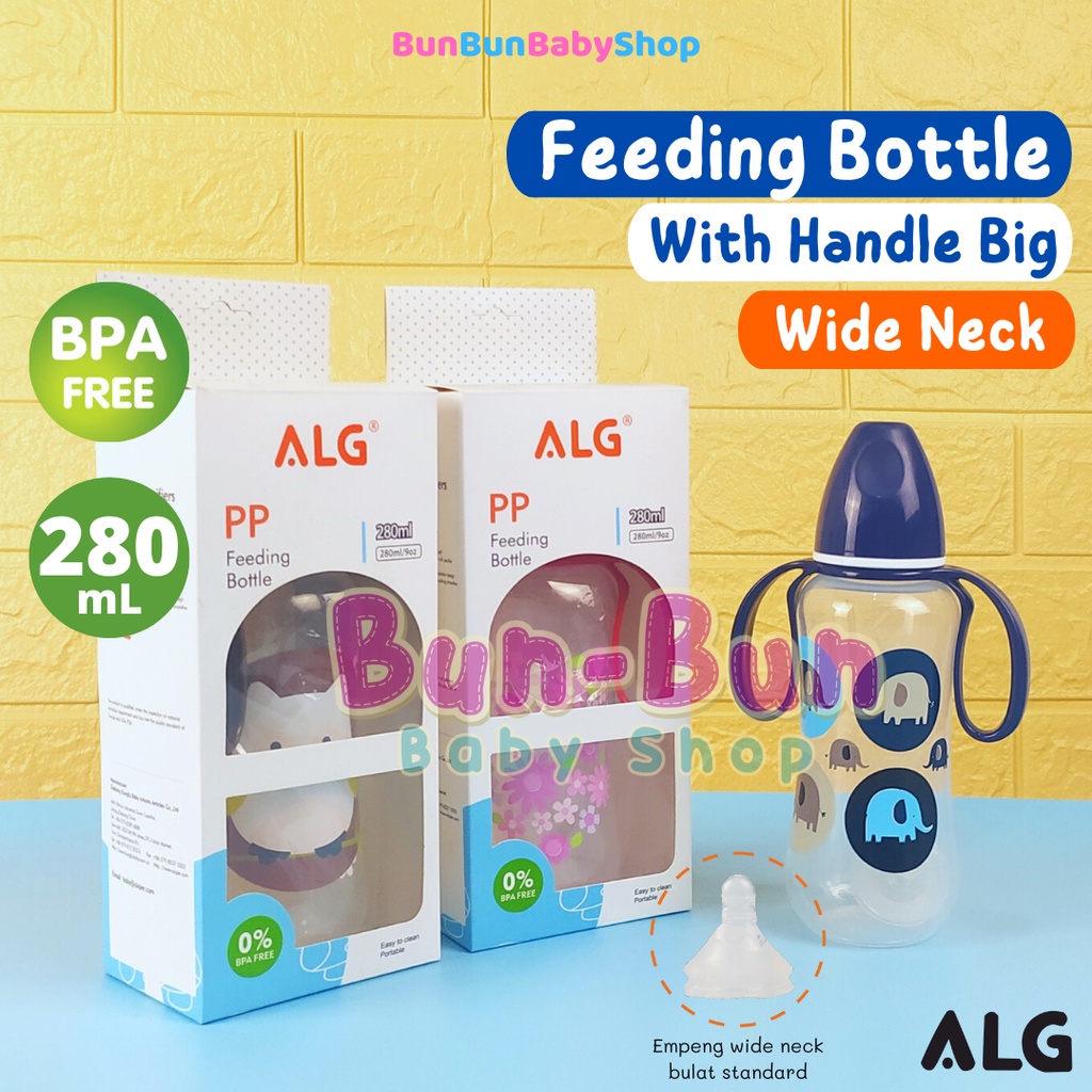 ALG Botol Susu Pegangan 280ml Wide Neck Bottle With Handle New Born Leher Lebar Perlengkapan Makan Bayi Baru Lahir Peralatan MPASI Baby Newborn Murah ANTI PECAH Bunbunbabyshop